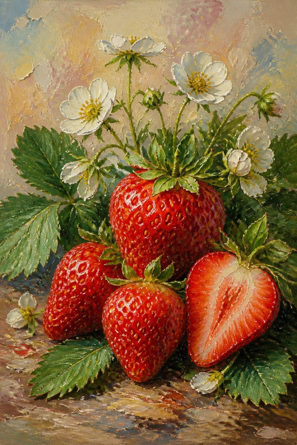 Oil painting of several red strawberries, one cut in half, surrounded by white flowers and green leaves.