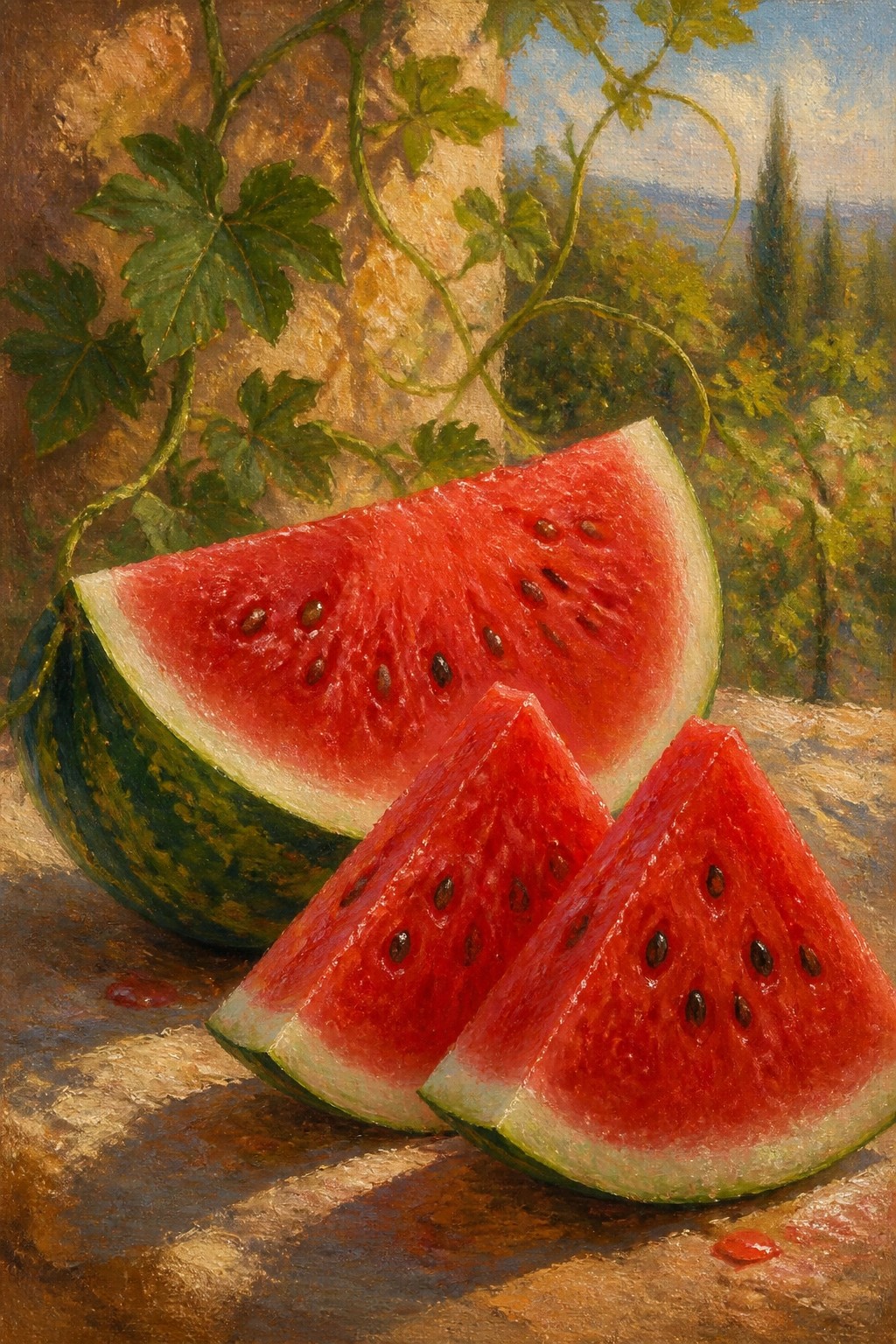 An oil painting shows cut watermelon slices and a whole watermelon resting on a stone surface with green vines and a landscape background.