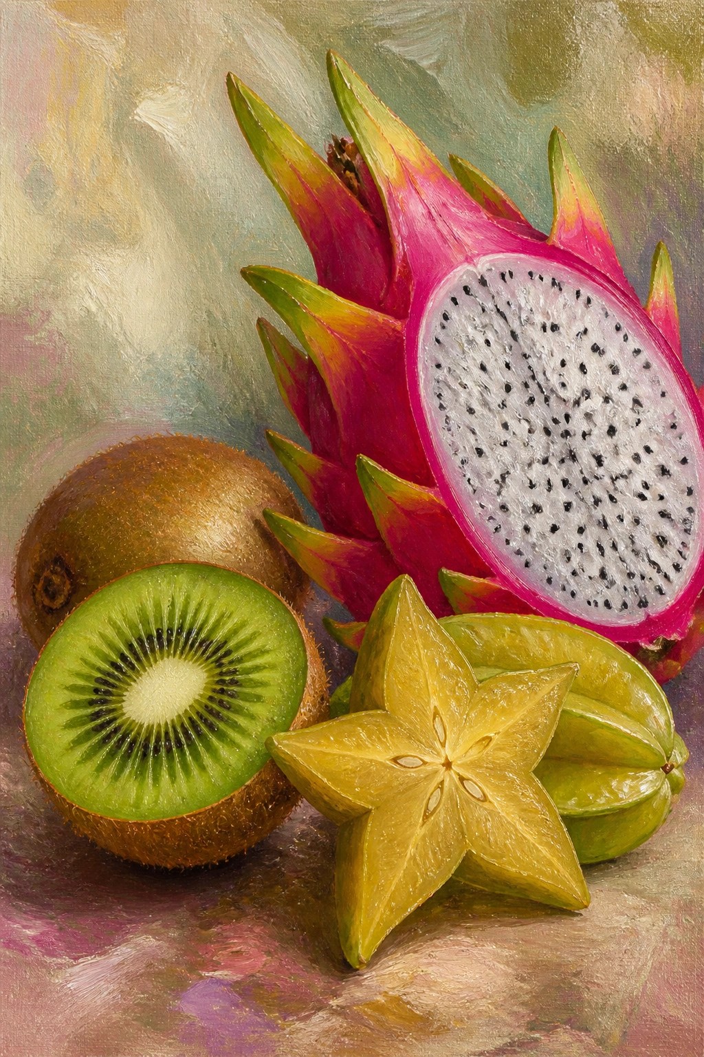 Oil painting of a halved dragon fruit, whole and sliced kiwi, and two star fruits grouped on a soft surface.
