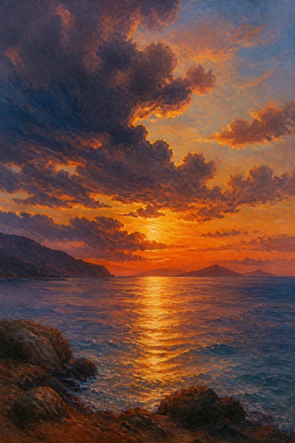 Dramatic sunset over ocean with vibrant orange clouds and golden reflections on waves near rocks