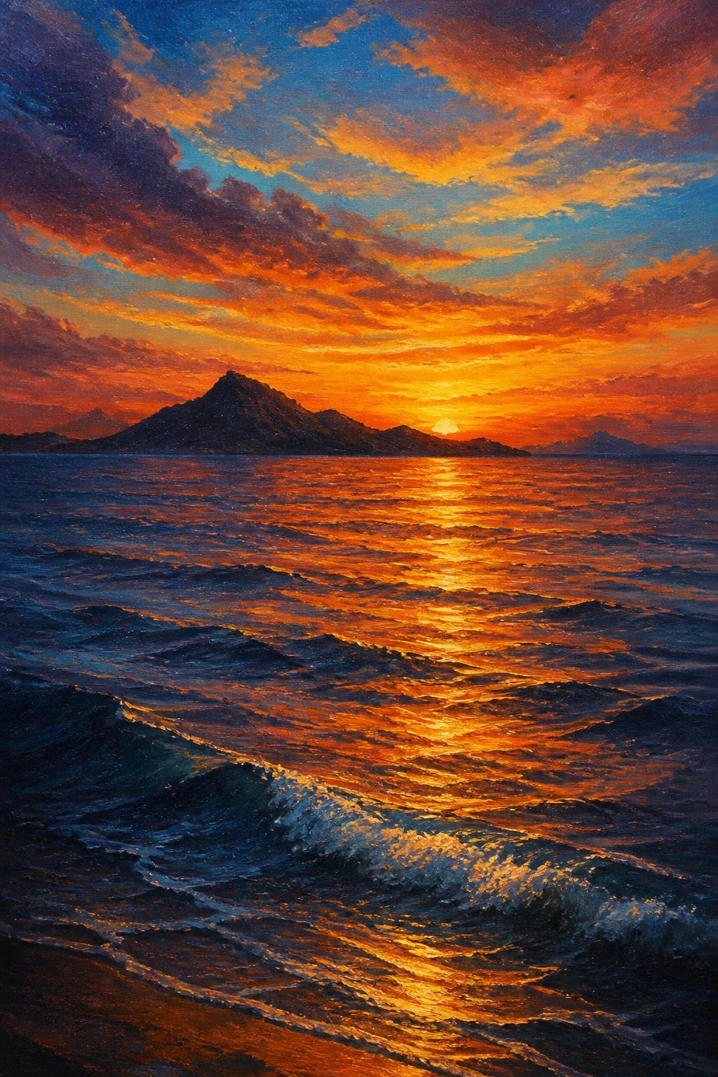 Vibrant sunset over crashing ocean waves with glowing reflections and distant mountain silhouette.
