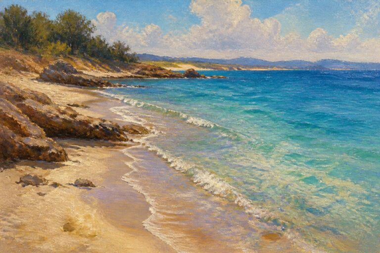 An oil painting of turquoise ocean waves washing onto a sandy beach with rocky cliffs on the left and green hills in the background under a blue sky.