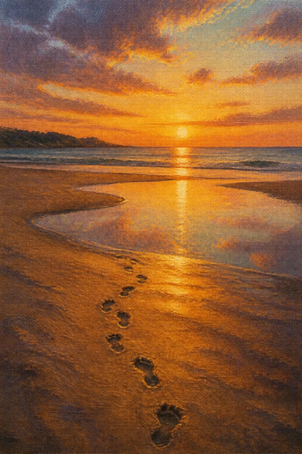 Footprints trail across sandy beach toward glowing orange ocean sunset with vibrant sky reflections.