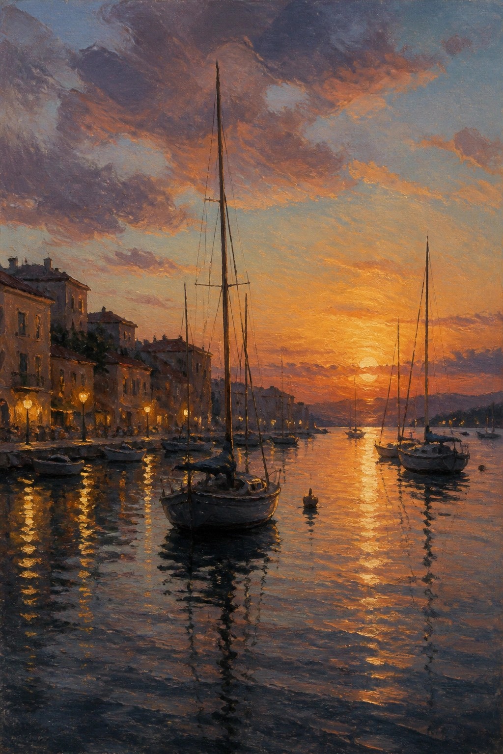 A realistic oil painting of a harbor at sunset with several sailboats moored near a lit coastal town, the sun low on the horizon casting orange reflections on the water.