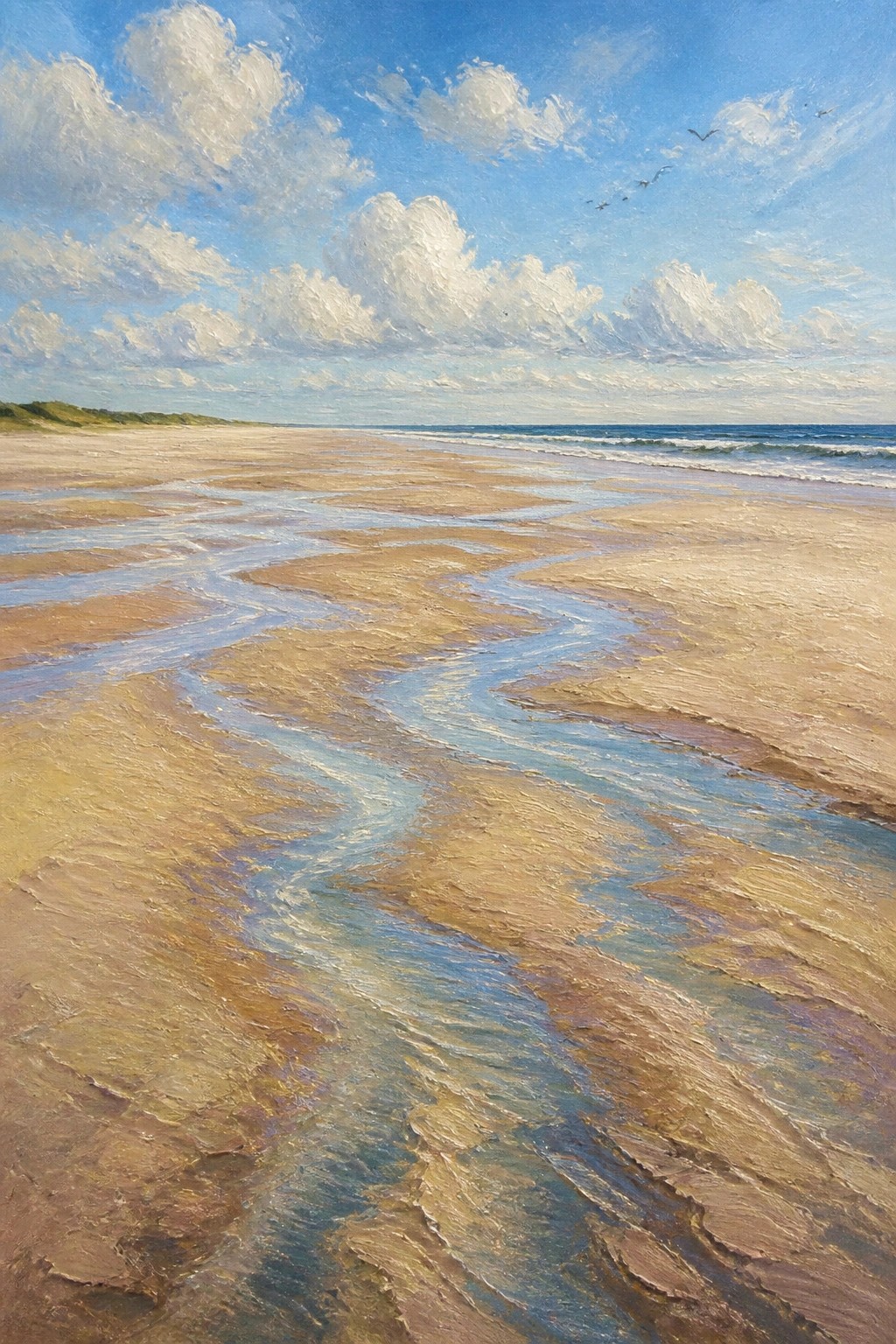 Sandy beach with winding streams, ocean waves, birds under cloudy blue sky.