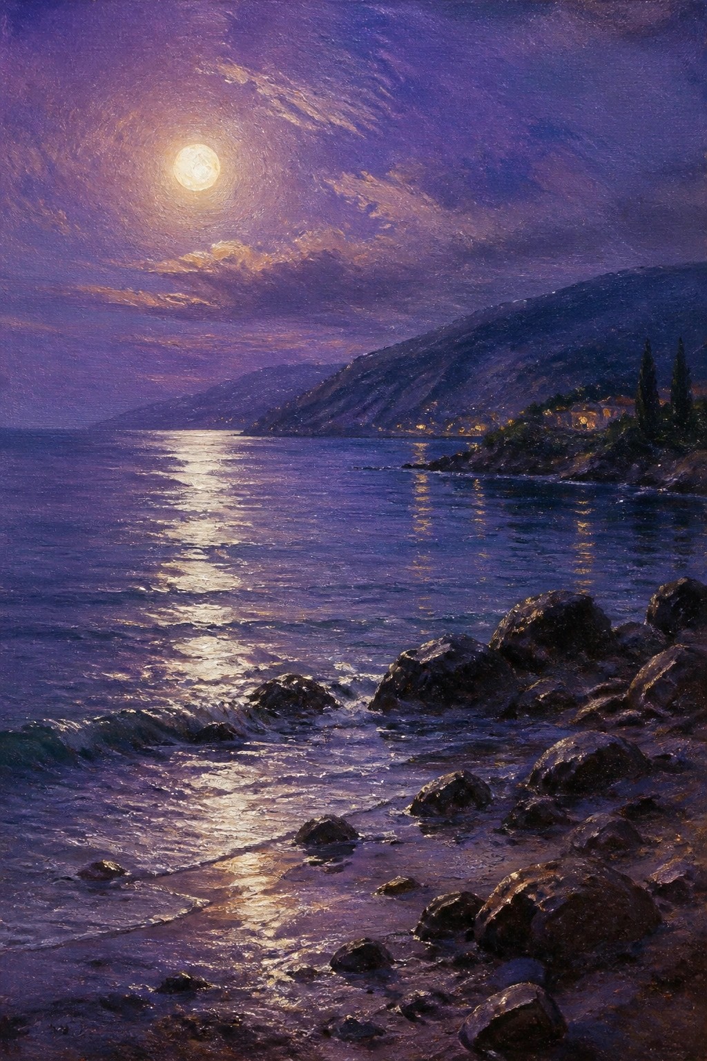 An oil painting shows a full moon reflecting on the ocean at night with rocks along the shore and hills in the background.