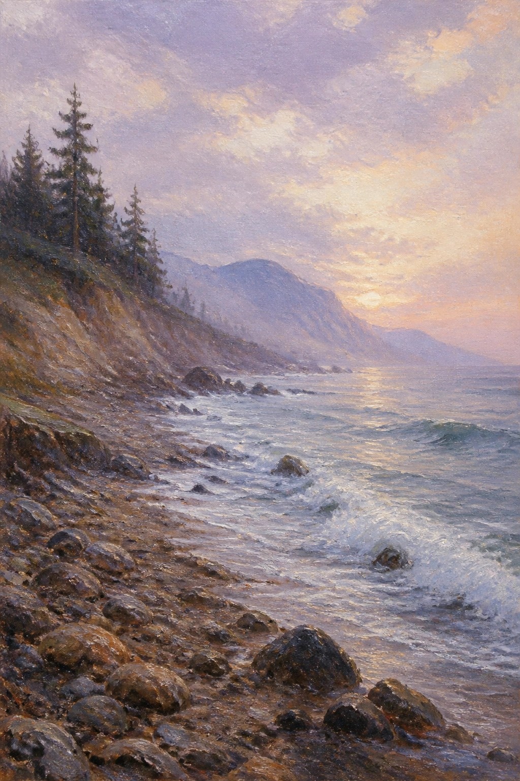 Waves crashing on rocky beach at sunset with pine cliffs and misty mountains.