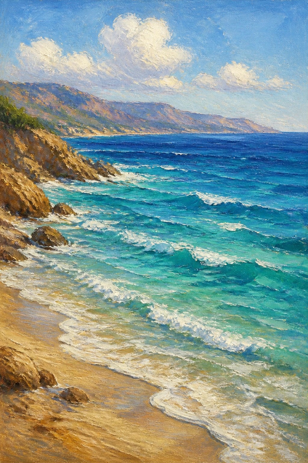 Painting of turquoise waves crashing on sandy beach with rocky cliffs and distant mountains.