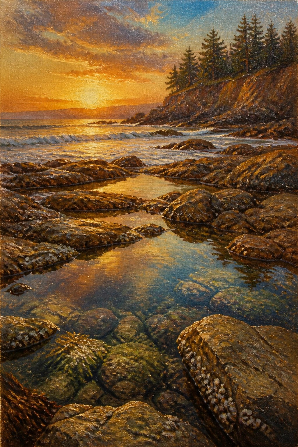 Sunset glows over rocky tide pools with waves crashing against pine-lined cliffs