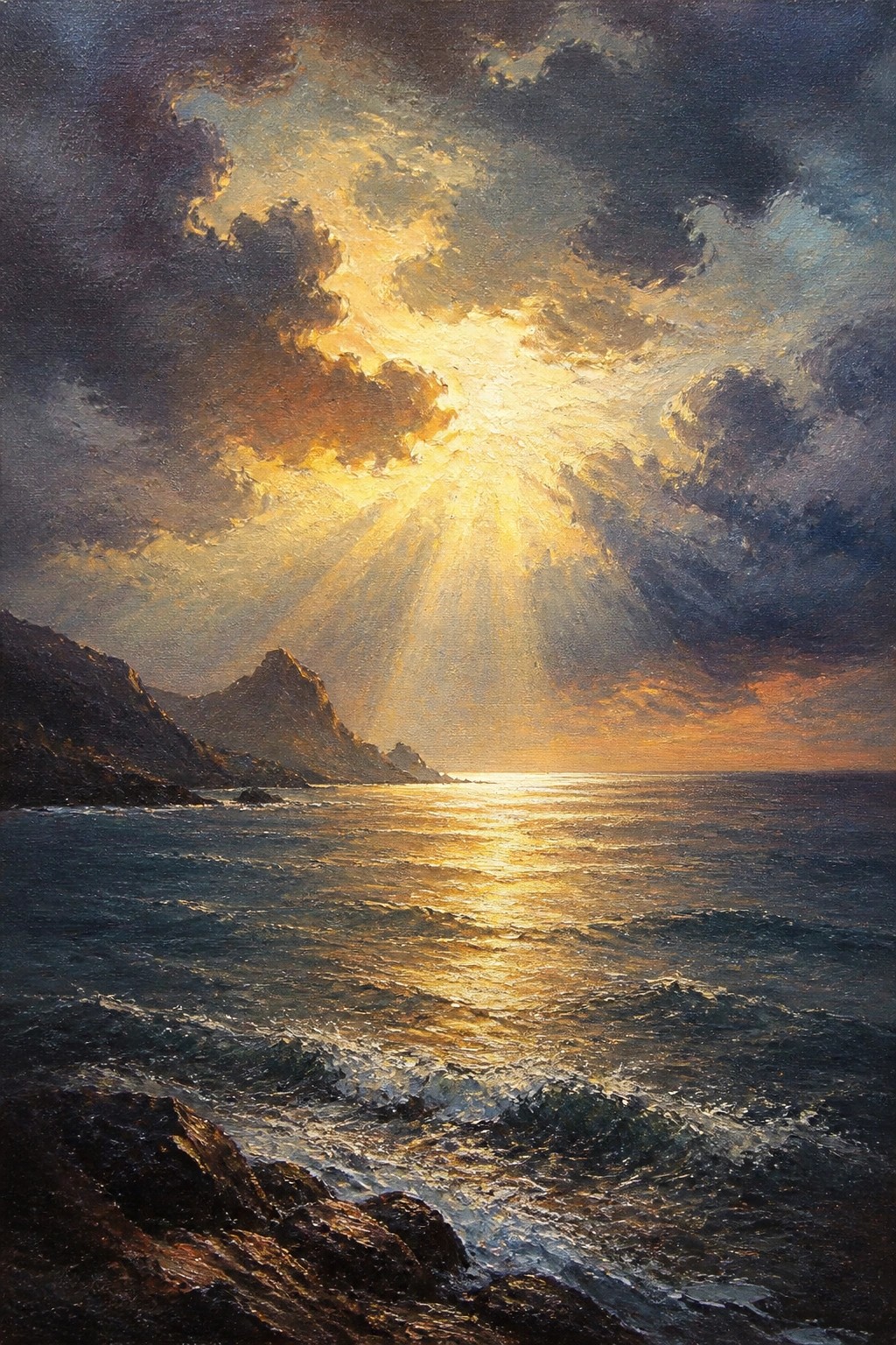 Golden sunlight rays burst through clouds over wavy ocean near rocky cliffs.