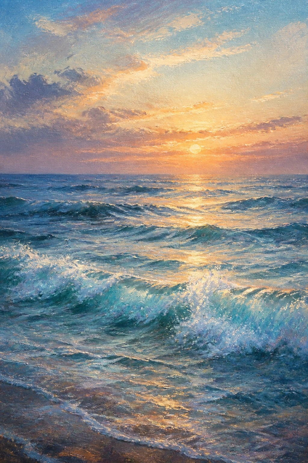 Impressionistic sunset seascape with crashing waves and golden sunlight reflections on water