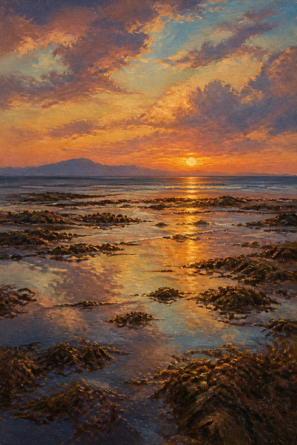 Sunset over rocky shoreline with vibrant orange clouds and golden ocean reflections