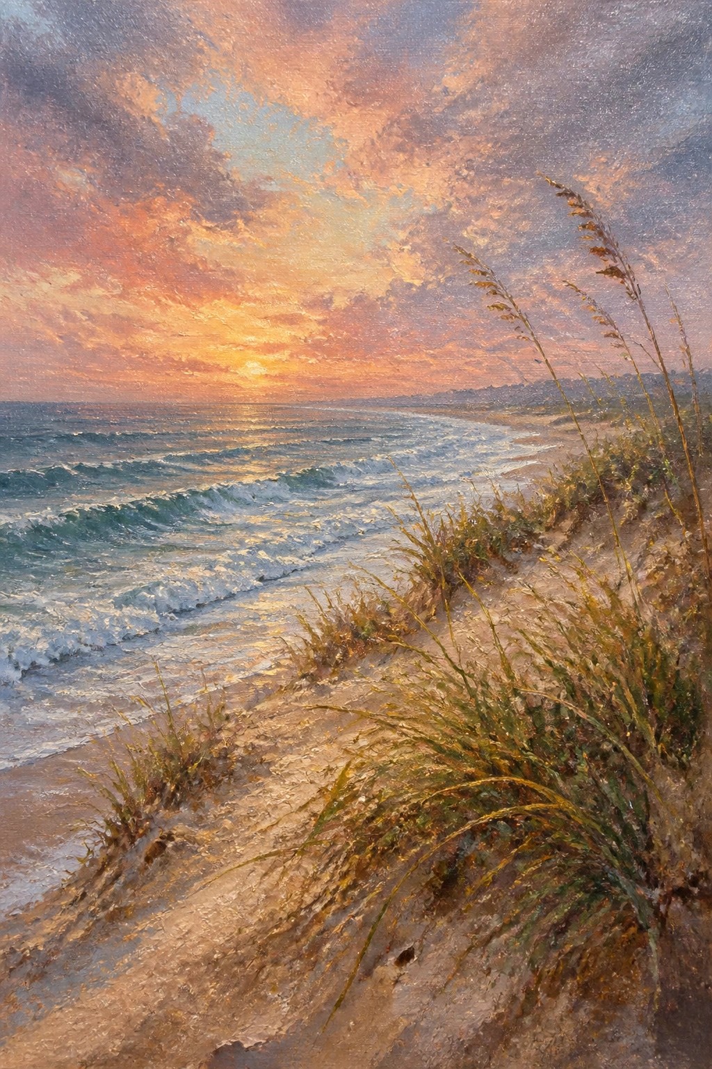 A realistic oil painting of a beach at sunset showing waves, wet sand, dunes, and tall grasses in the foreground.