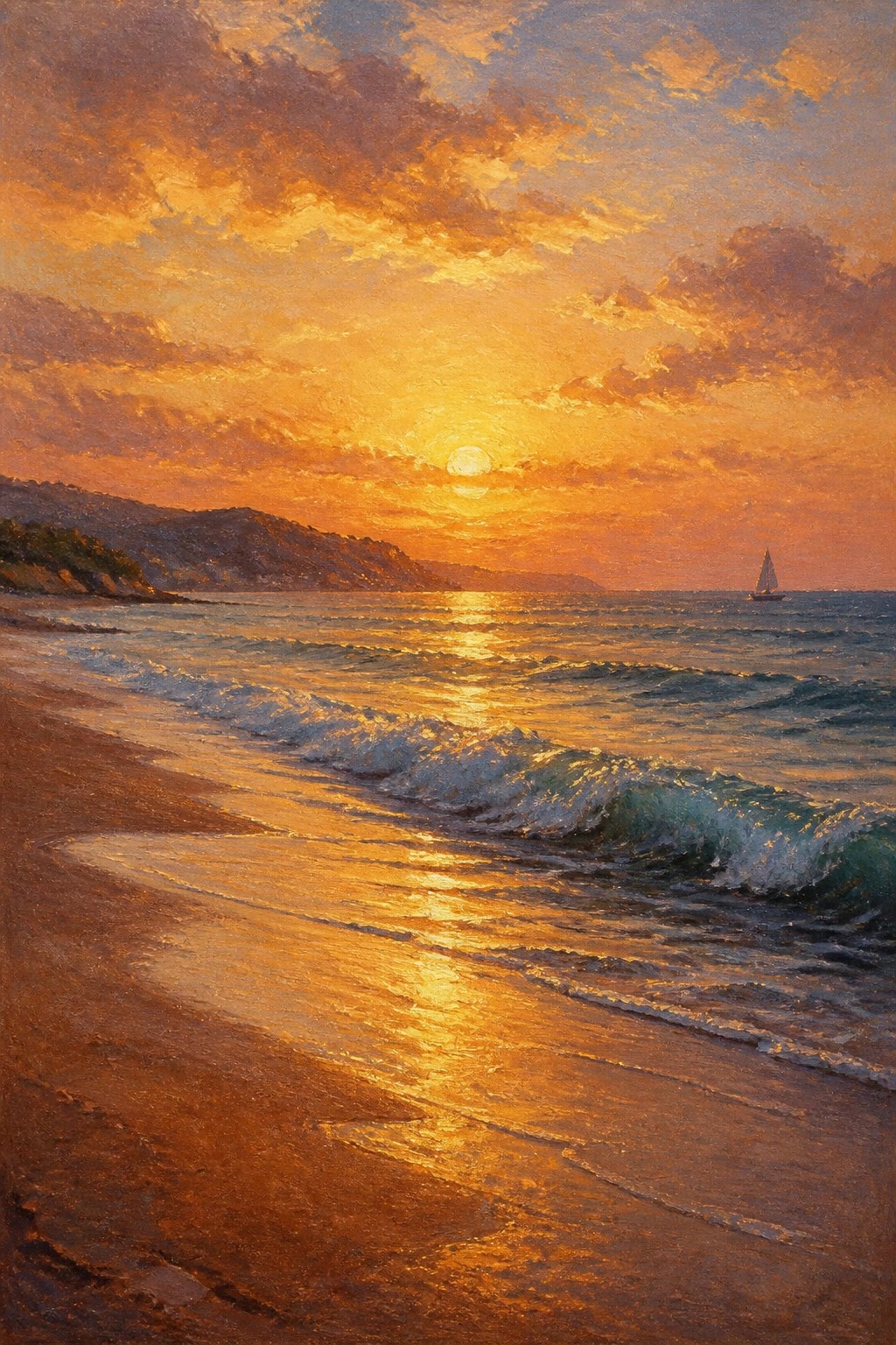 An oil painting of a sunset over the ocean with golden light reflecting on the waves, a sailboat in the distance, and a sandy beach in the foreground.