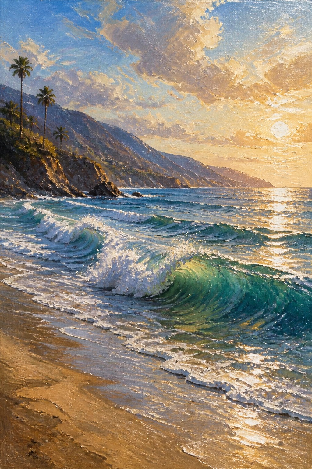A realistic oil painting of waves crashing on a beach at sunset with palm trees on a hillside and mountains in the background.