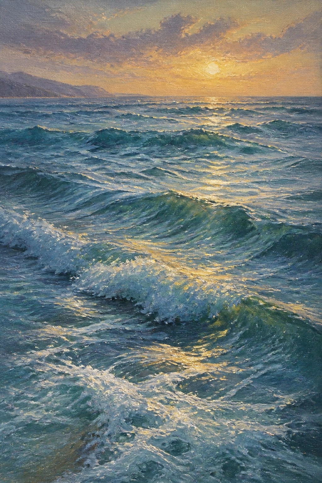 Rolling turquoise waves crashing under golden sunset with sunlight reflections