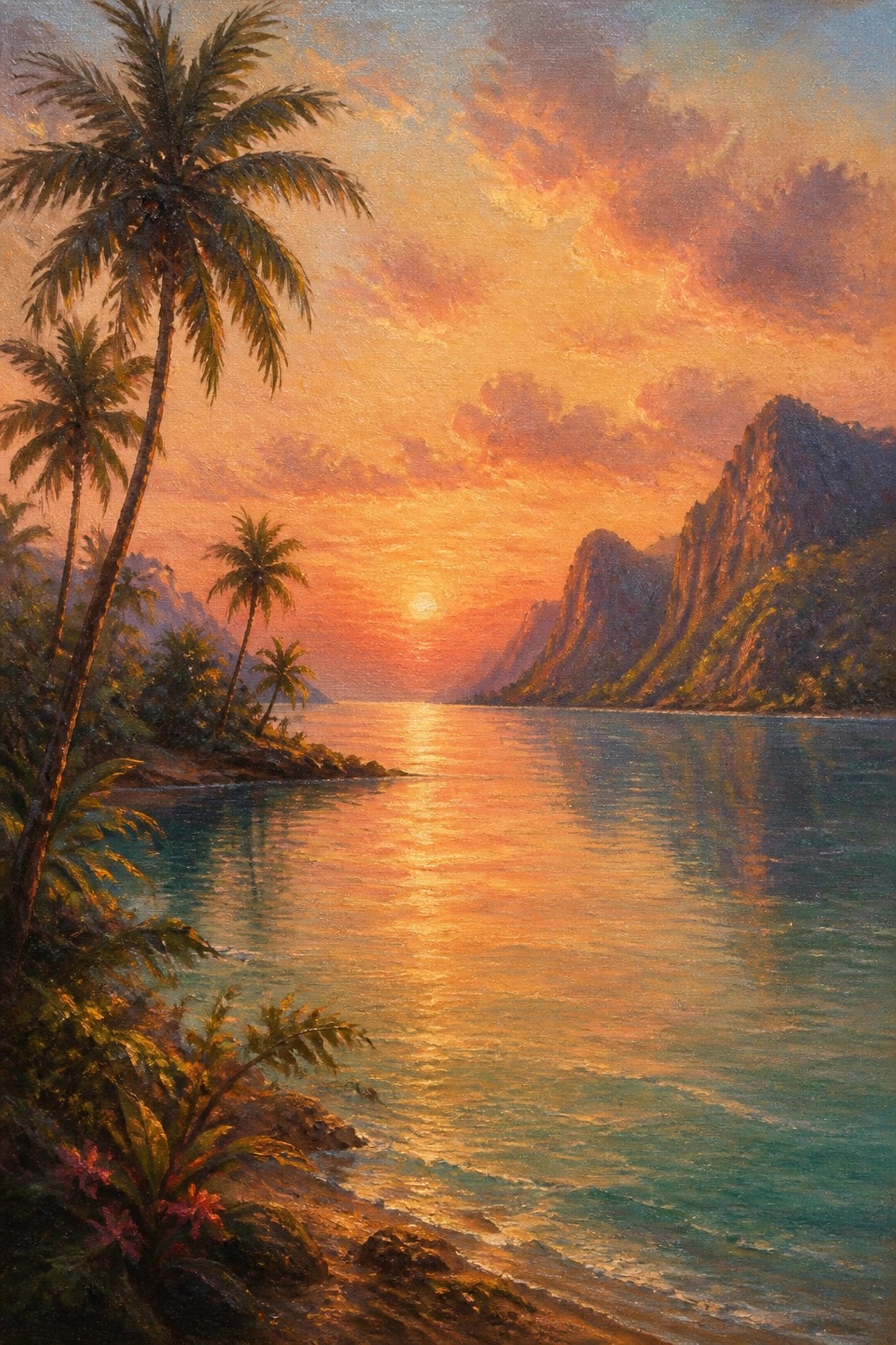 Tropical sunset over calm sea with palm trees, beach, and rugged mountains at dusk