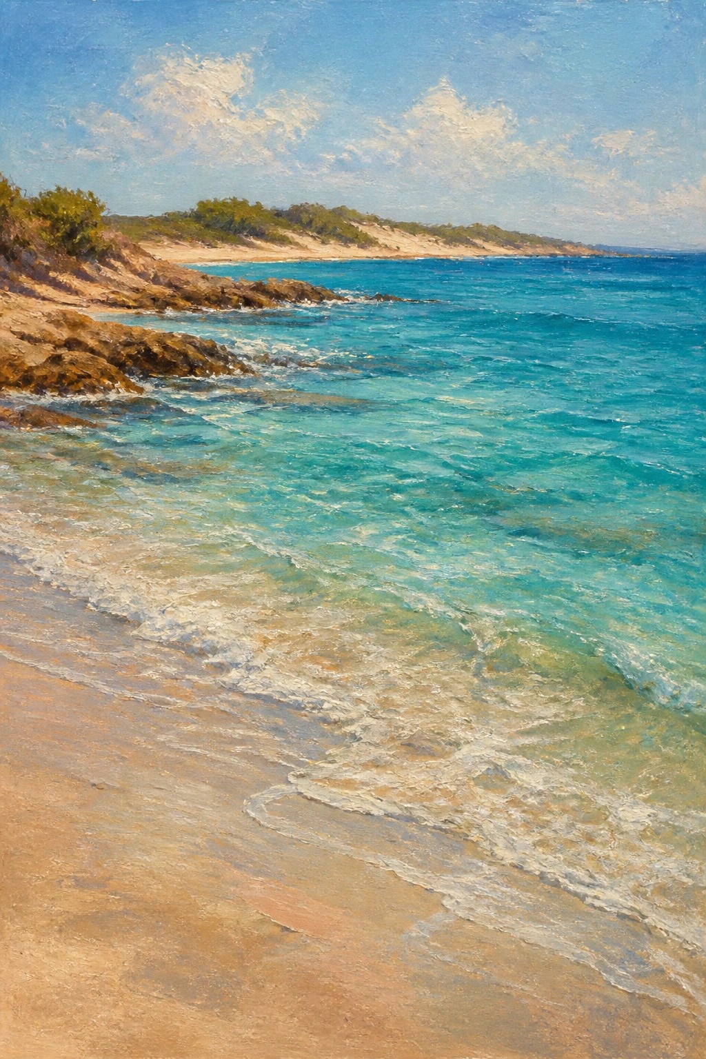 An oil painting of turquoise ocean waves washing onto a sandy beach with rocky cliffs on the left and green hills in the background under a blue sky.