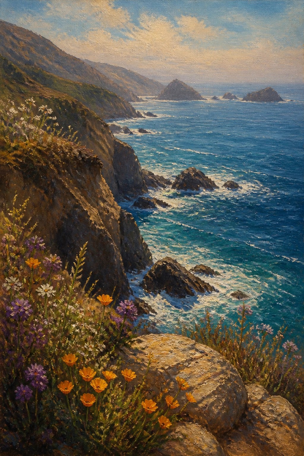 Colorful wildflowers on rocky cliffs overlooking crashing blue ocean waves at sunset.