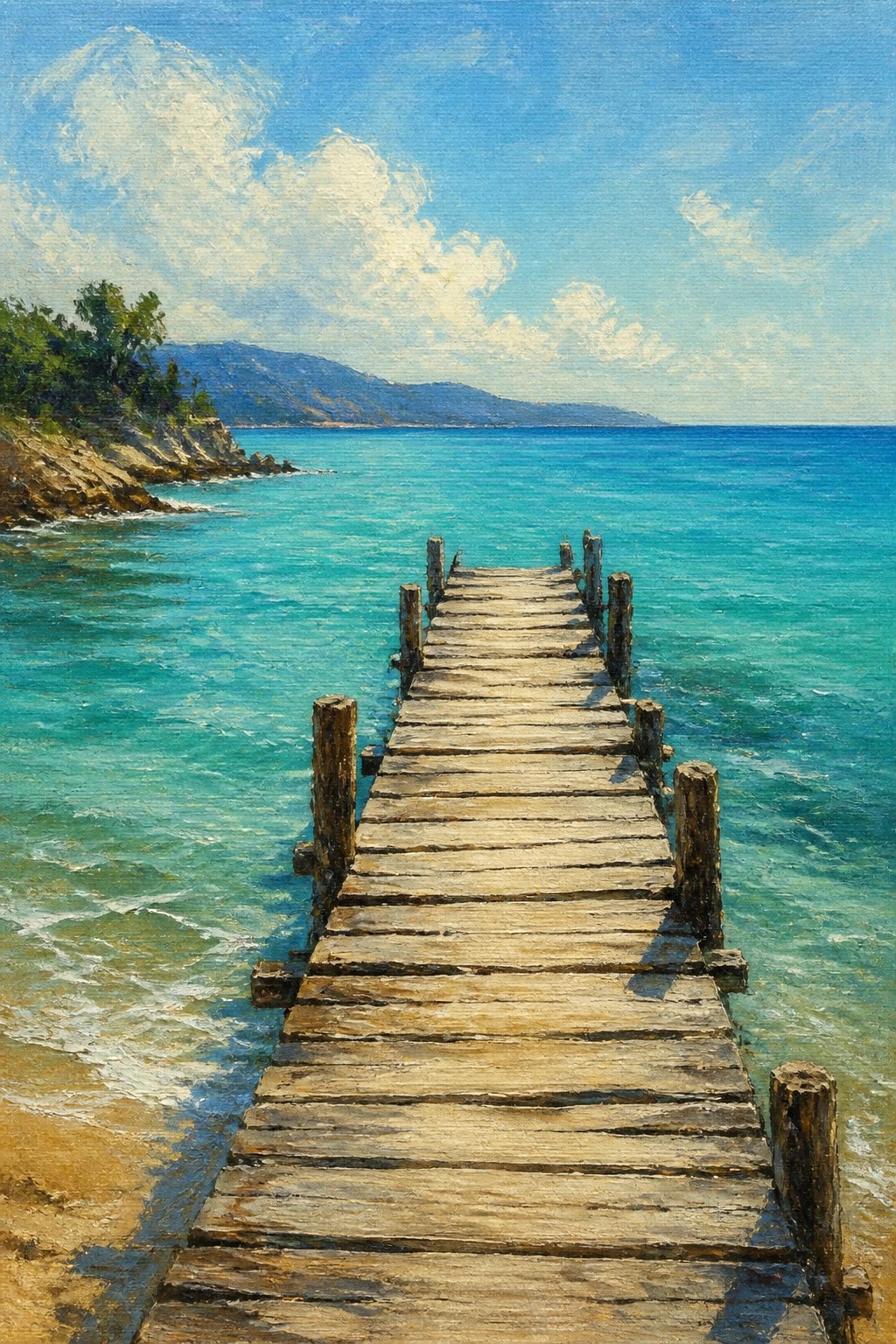 Weathered wooden pier over turquoise sea with rocky green shore and cloudy blue sky