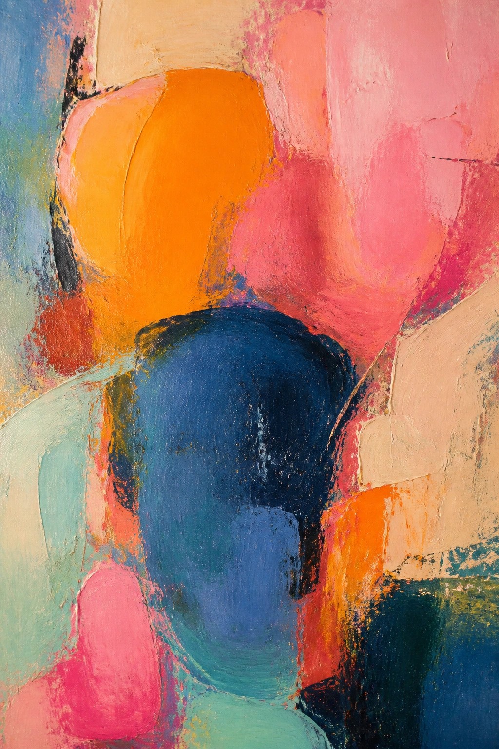 An abstract oil painting with overlapping rounded shapes in orange, pink, blue, teal, and beige.