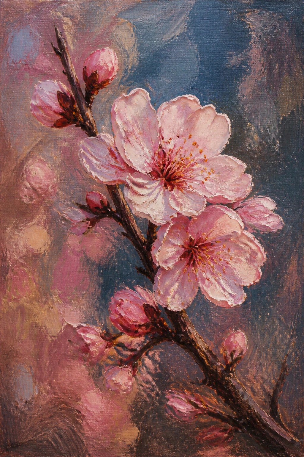 Pink cherry blossoms and buds on a branch against dark blue background