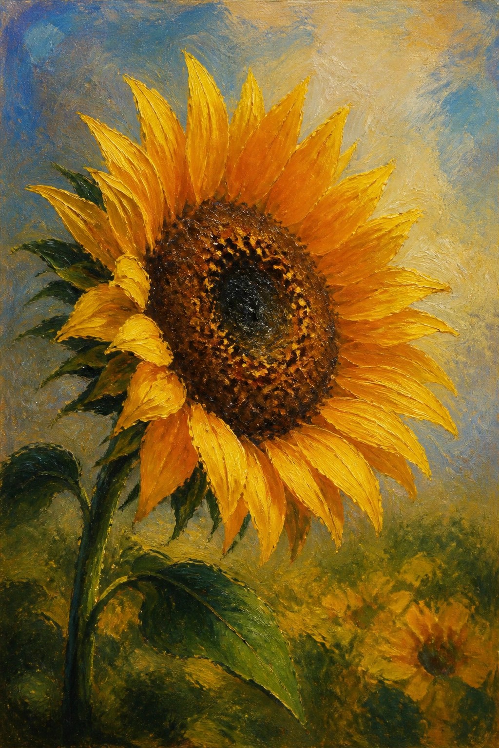 Large sunflower with yellow petals, dark center, green stem and leaves against blue sky
