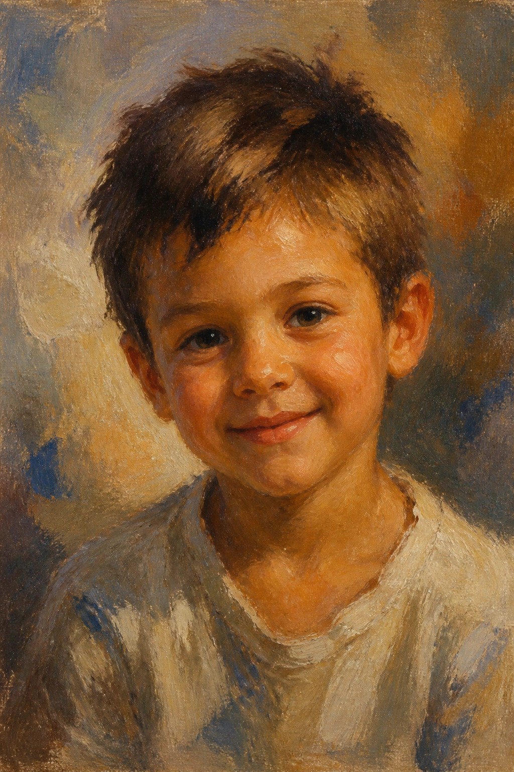 Smiling young boy with dark hair in loose white shirt, soft impressionistic oil portrait