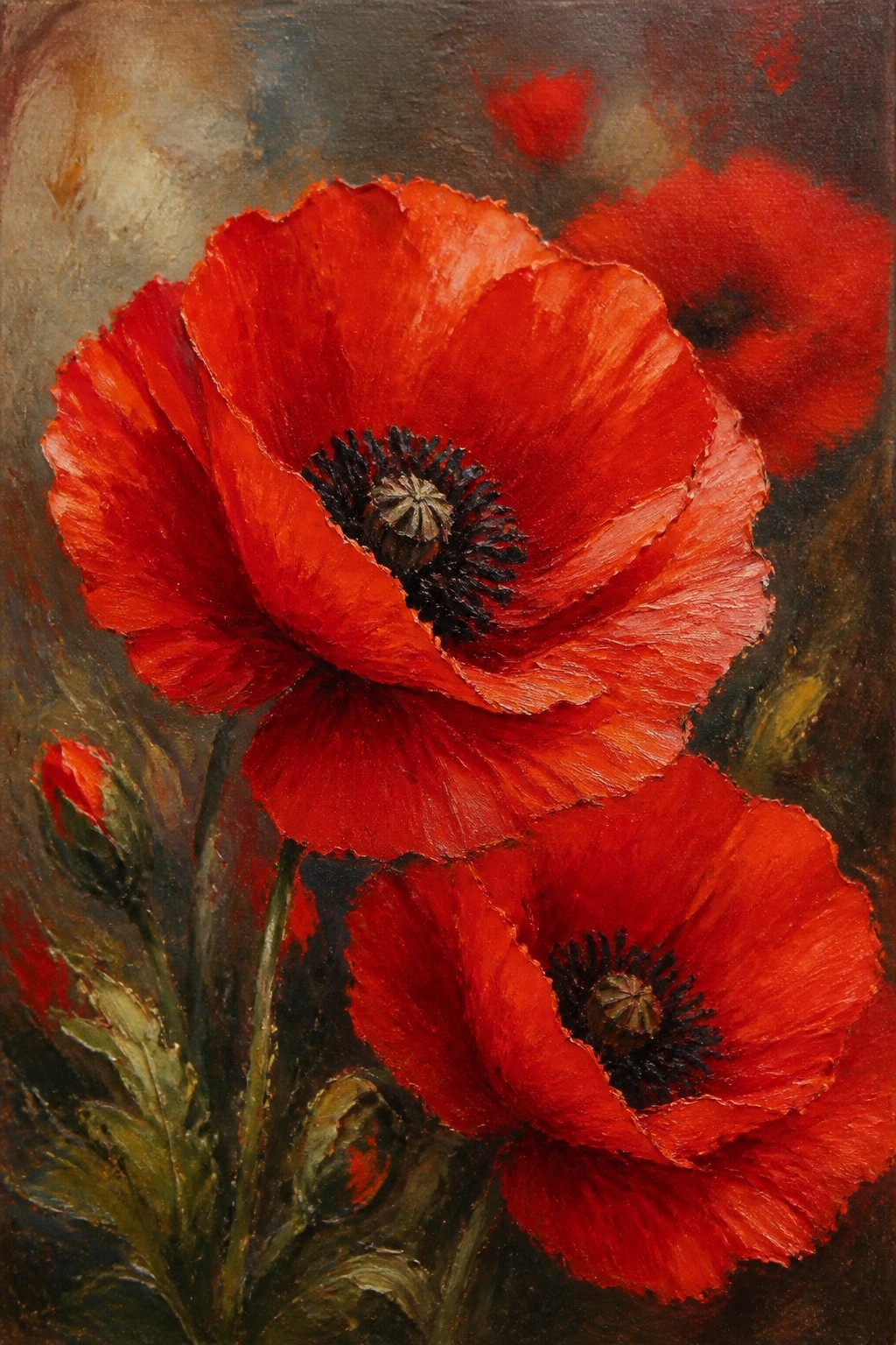 Thickly textured red poppies with dark centers against a muted earthy background