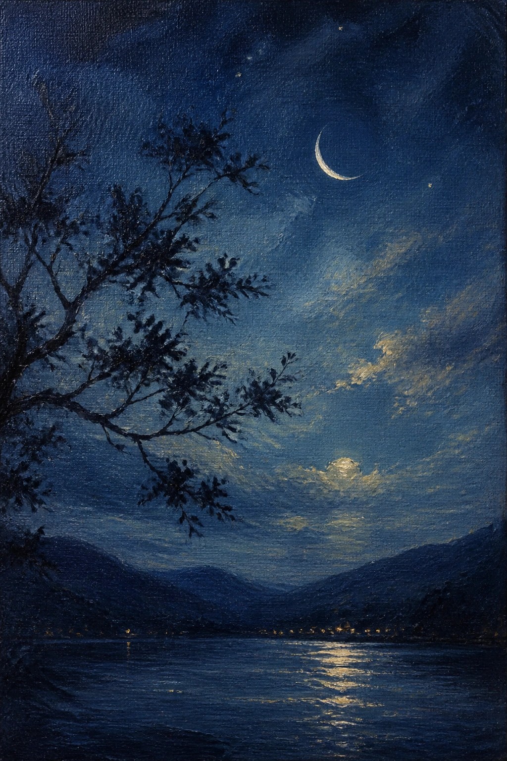 Crescent moon over reflective lake with silhouetted tree and misty mountains at night