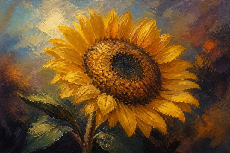 21 Easy Oil Painting Ideas for Beginners Starting on Small Canvas Large sunflower with yellow petals, dark center, green stem and leaves against blue sky