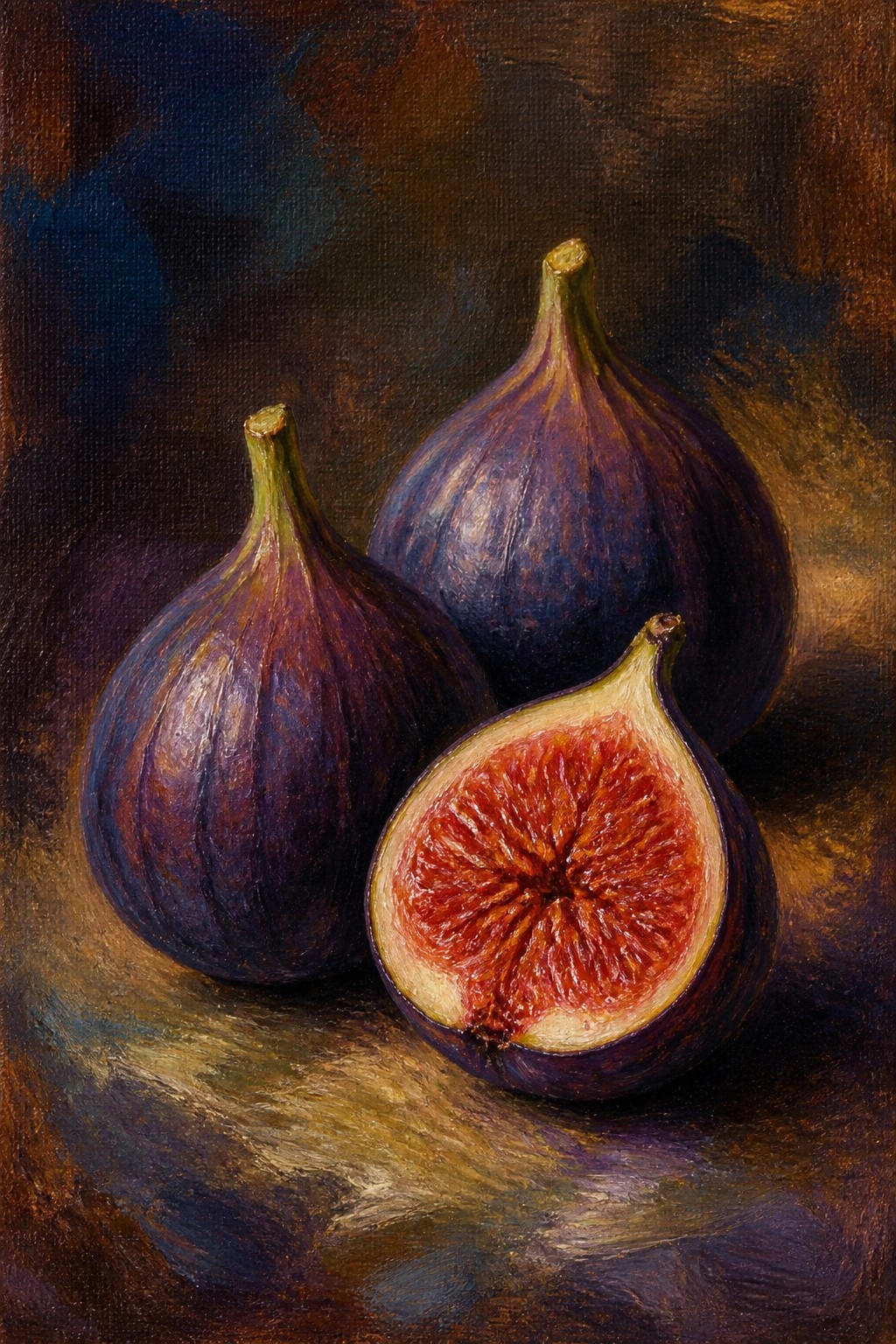 Three purple figs on dark background, one halved showing red seeded flesh.