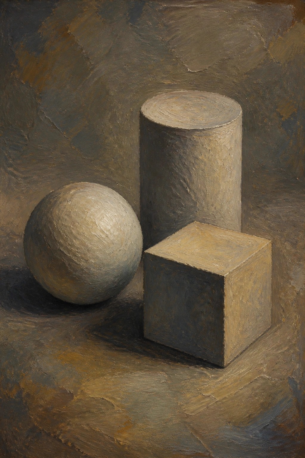 Realistic still life of sphere, cylinder, and cube in muted earthy tones