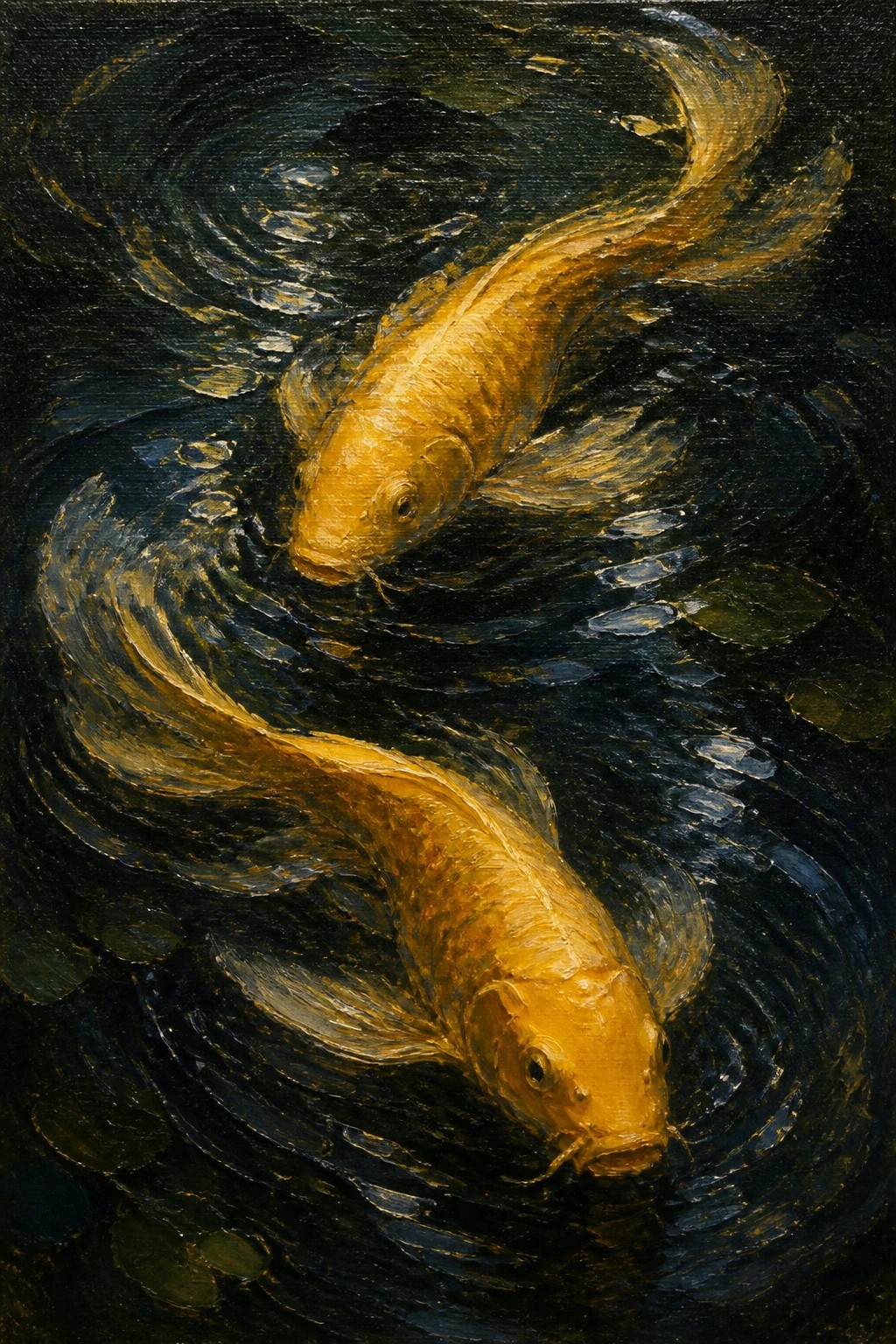 Two golden koi fish curving through dark rippled water with lily pads