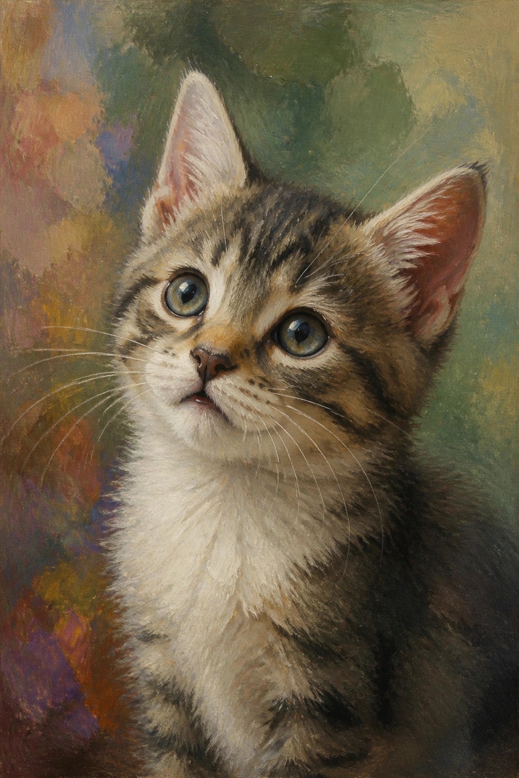 A realistic oil painting of a tabby kitten looking upward with wide eyes and a soft multicolored background.
