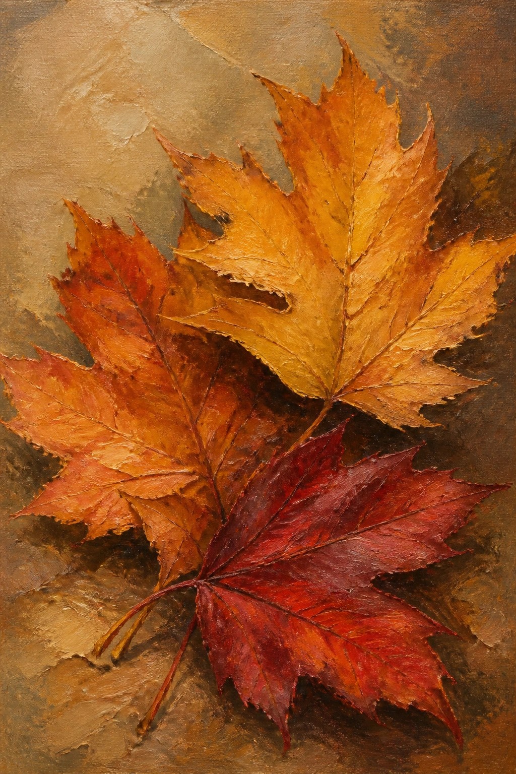 Three overlapping maple leaves in red, orange, and yellow autumn hues.