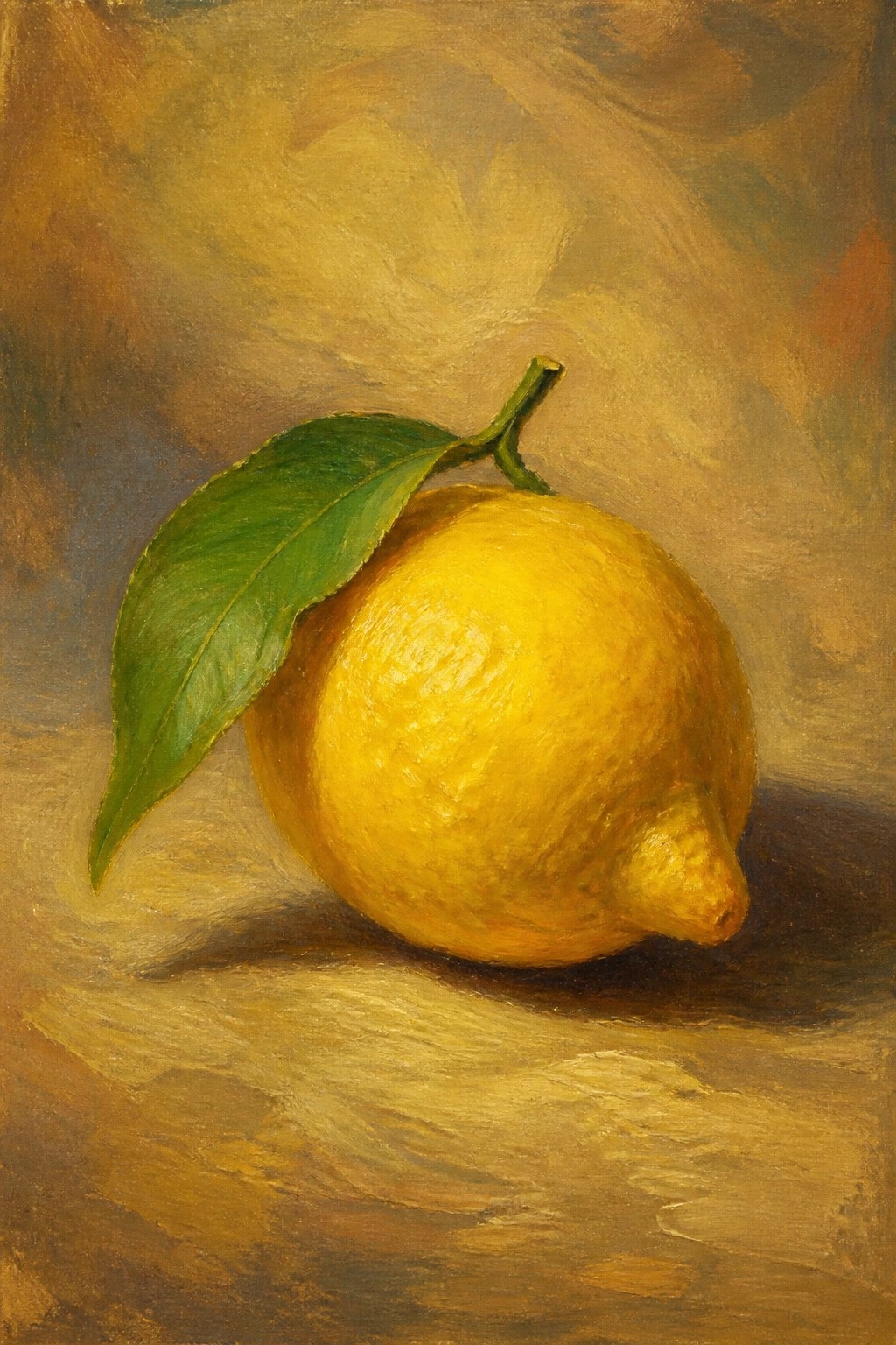 Yellow lemon with green leaf on brown textured surface, realistic oil painting style