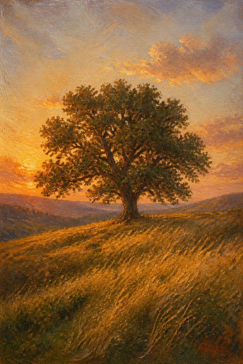 An oil painting of a large tree on a grassy hill under a vibrant orange sunset sky with rolling hills in the background.