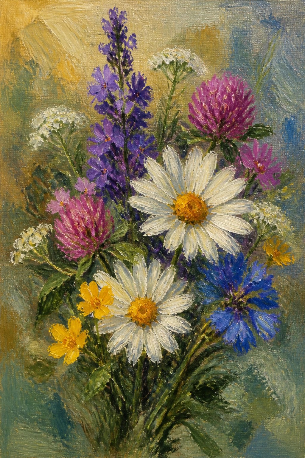 Vibrant bouquet of white daisies, purple spikes, pink clover, and blue cornflowers.