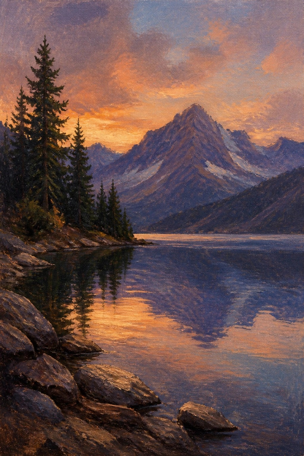 Rocky shoreline with pines frames a mountain lake reflecting vibrant sunset clouds.