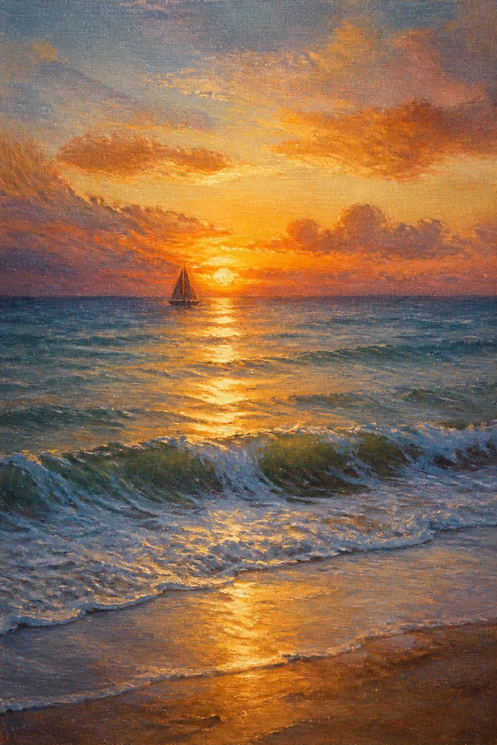 Sunset seascape with sailboat, golden waves, and vibrant orange sky reflections.