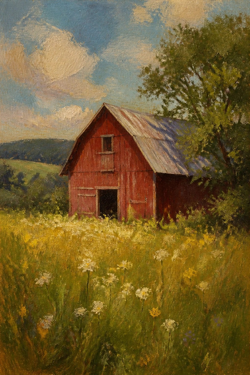 Red barn amid wildflowers in sunny meadow with trees and hills beyond