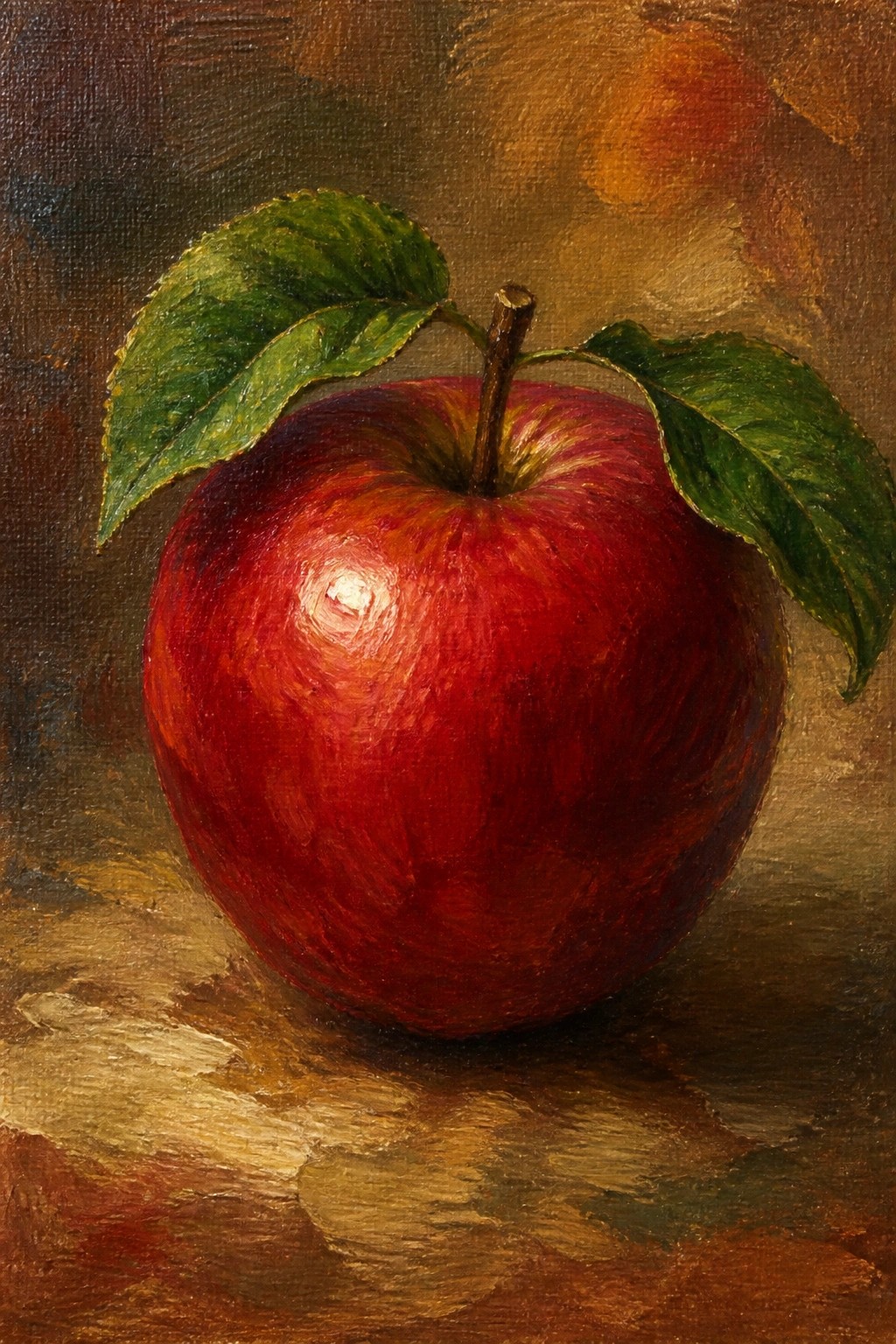 A realistic oil painting of a shiny red apple with two green leaves and a stem, resting on a textured brown surface with a blurred background.