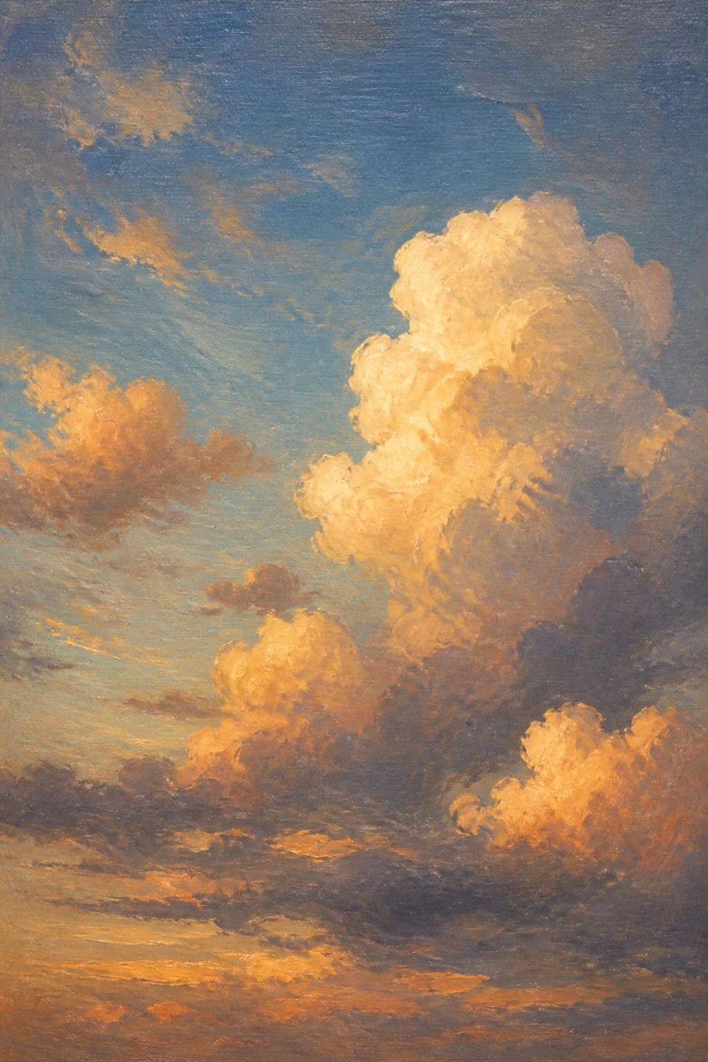 Golden clouds glow against deep blue sky in sunset oil painting.