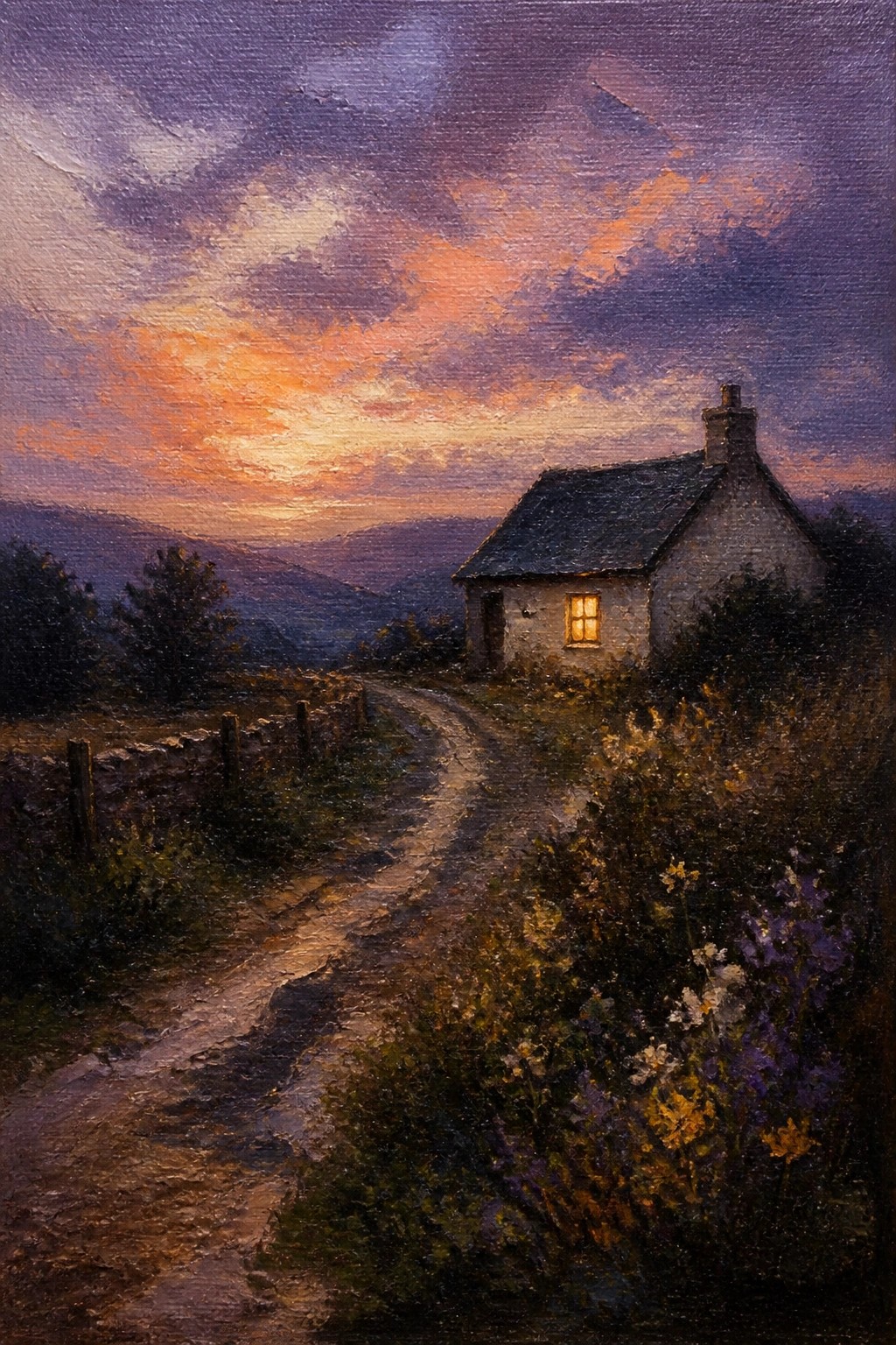 Stone cottage with glowing window beside winding path under vibrant purple-orange sunset sky