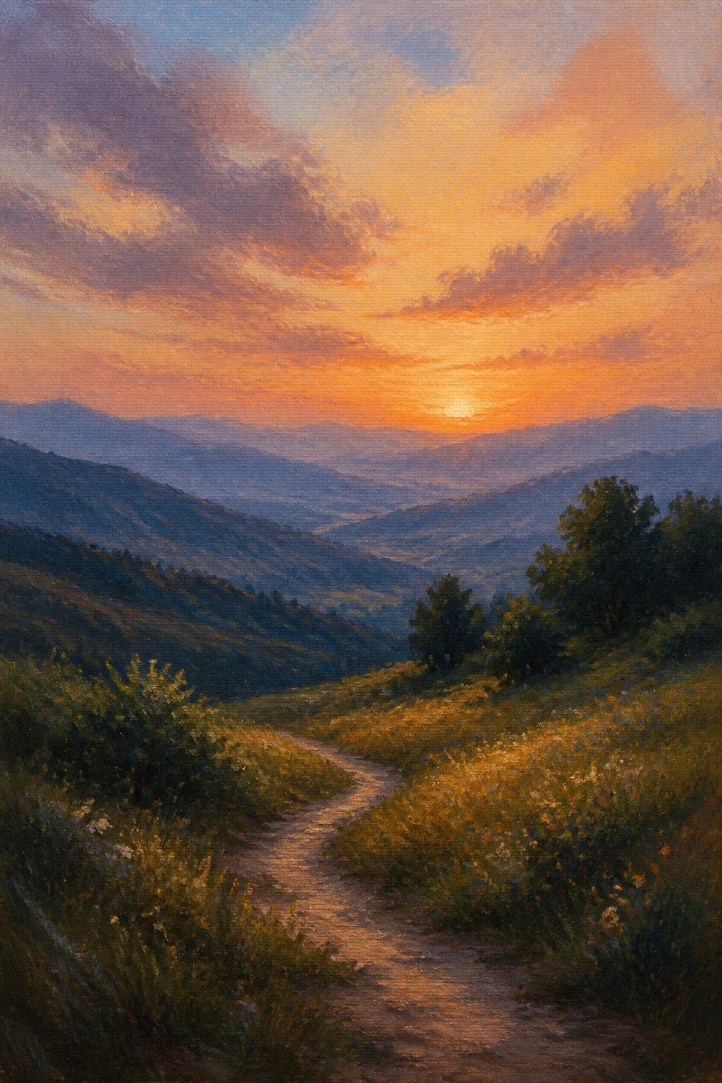 Sunset painting of winding path through wildflower hills with distant mountains.