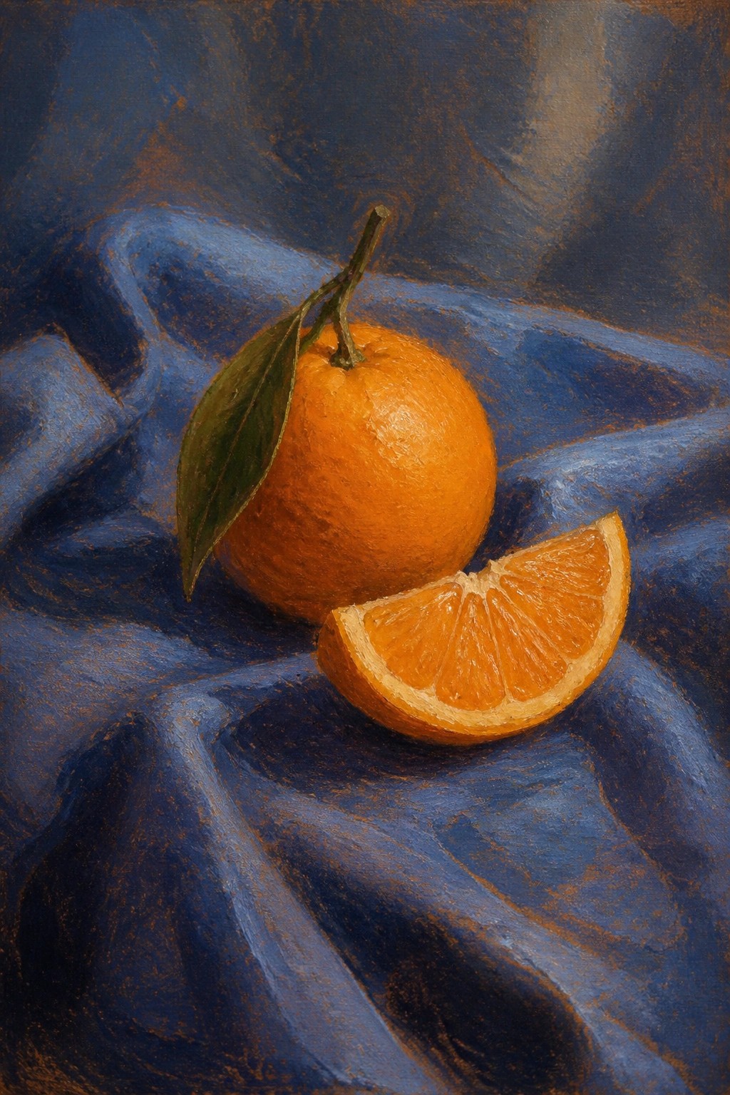An oil painting of a whole orange with leaves next to a cut slice resting on blue draped fabric.