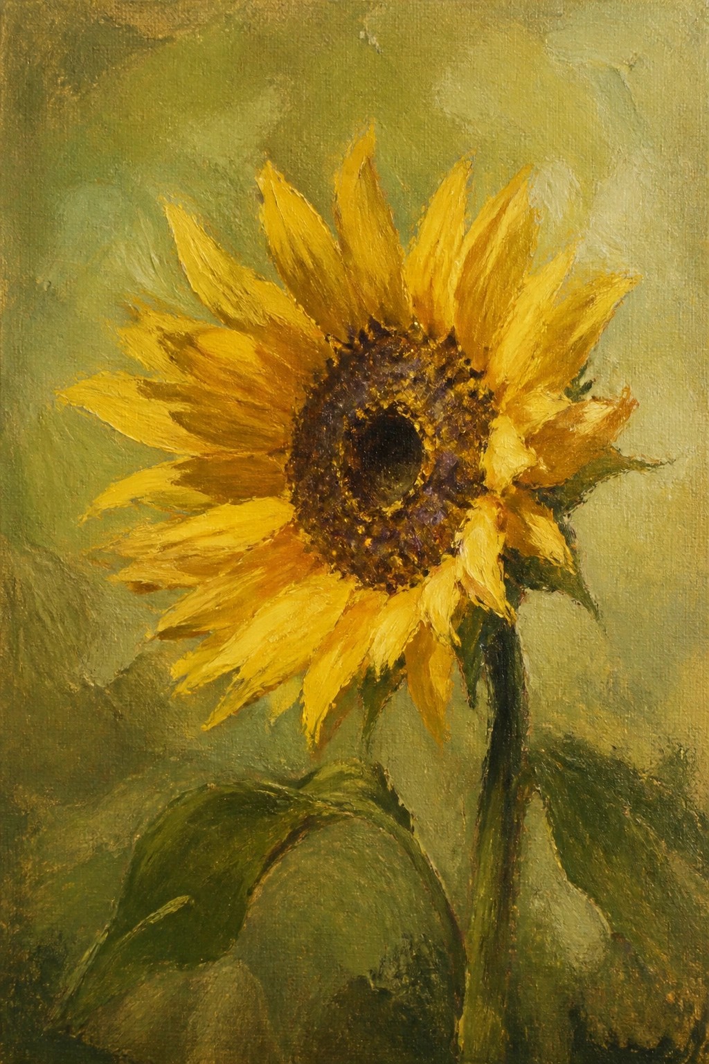 An oil painting of a yellow sunflower with a dark center against a muted green background.