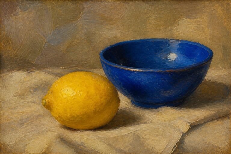 Yellow lemon beside deep blue bowl on wrinkled brown cloth, painted still life