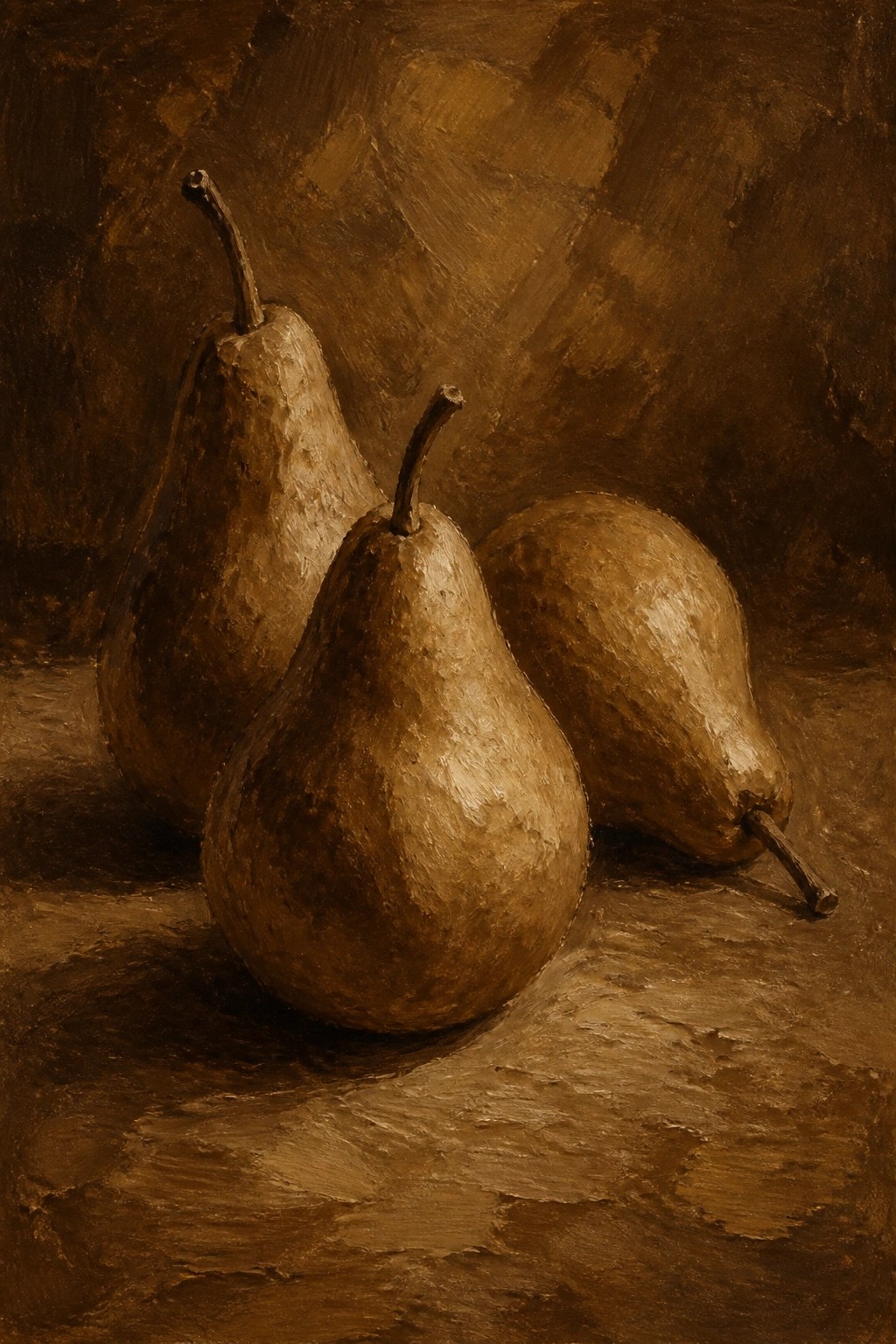 Three brown pears with stems sit on a rough surface against a dark textured background in an oil painting.